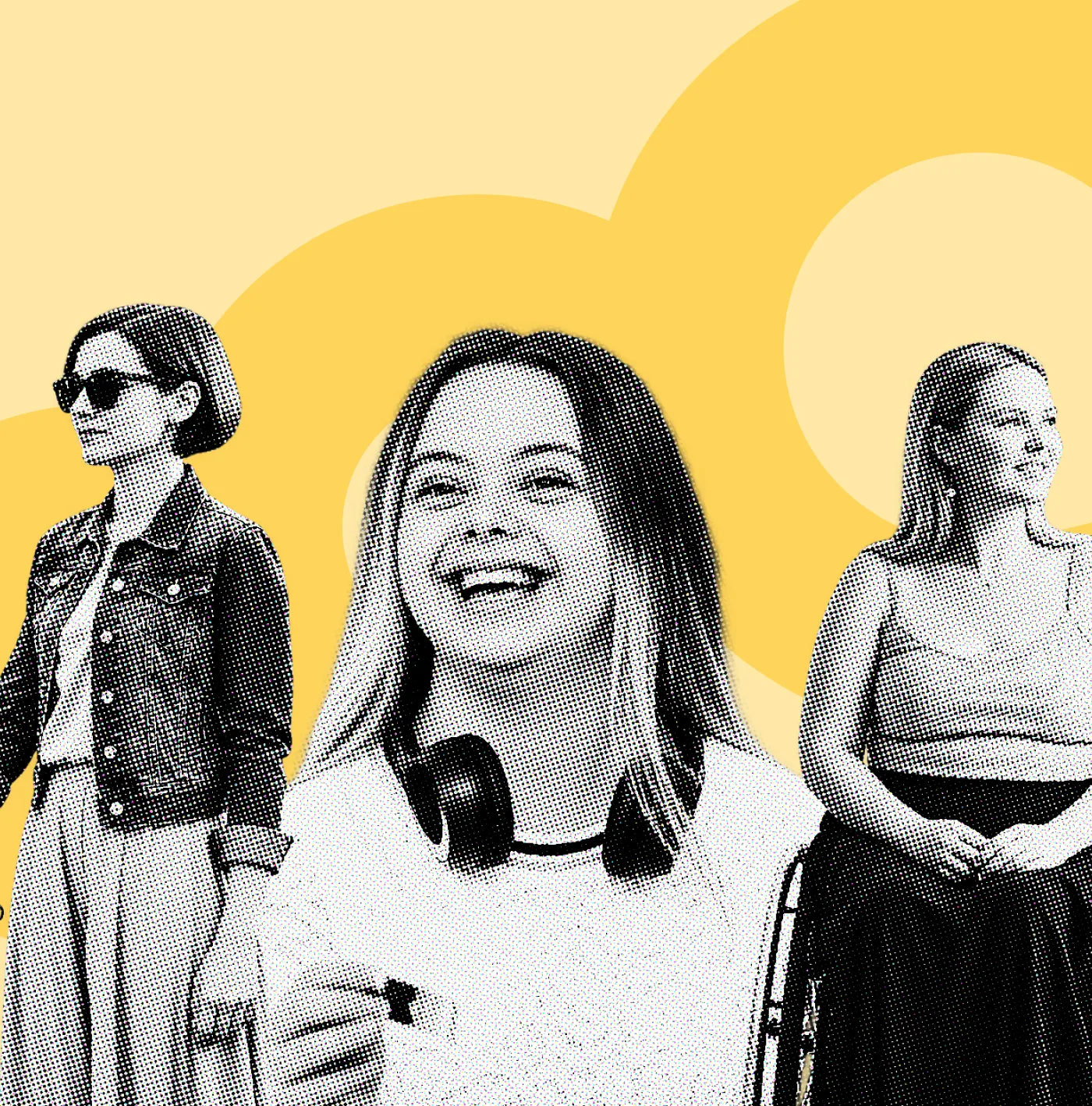 Three smiling women, one using a wheelchair, on a warm yellow background